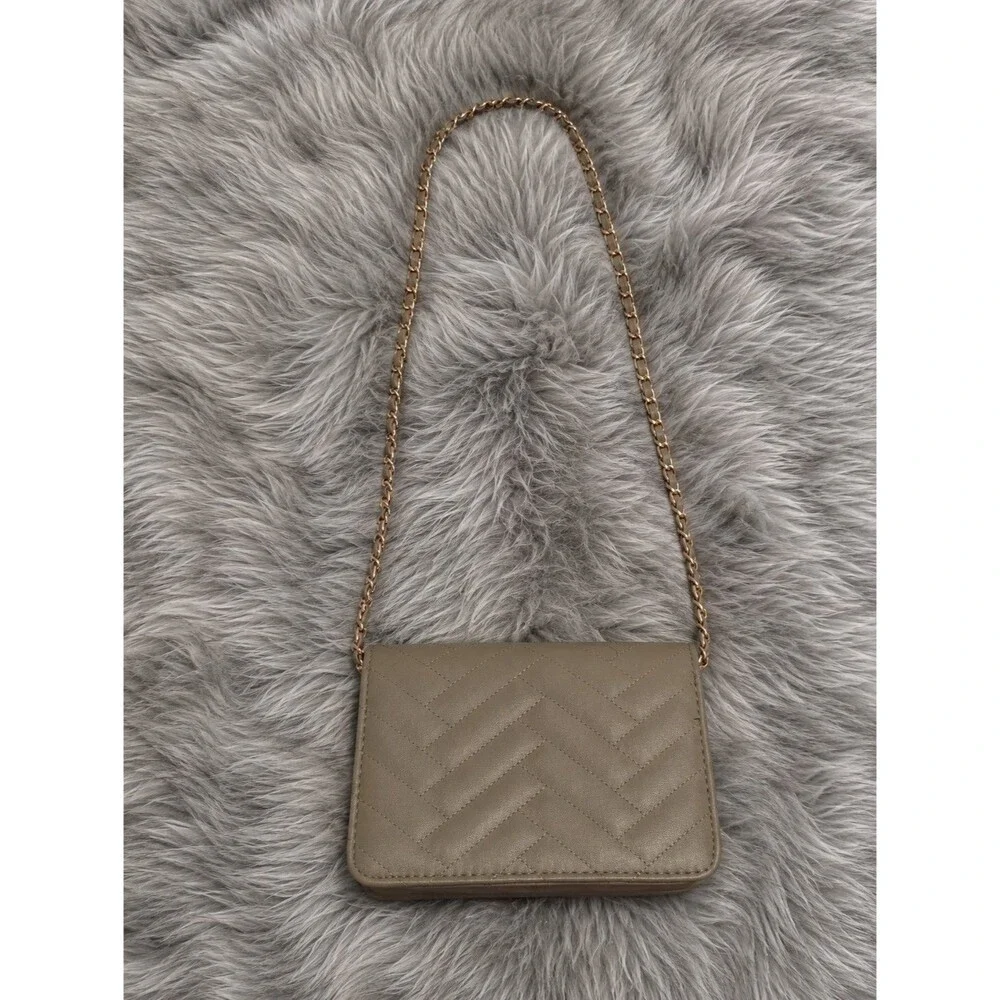 Bebe Beige Brown Quilted Crossbody Shoulder Bag with Gold Chain Strap